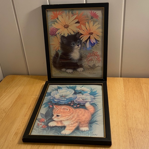 MCM cats vintage kitten flowers black framed prints kitsch 70s colors K Chin art - Picture 16 of 16